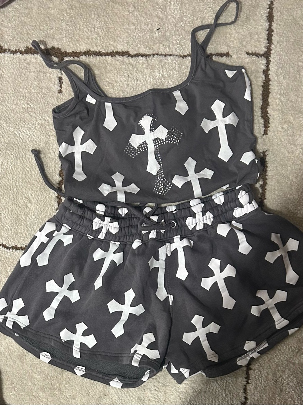 Fashion Nova Gray Cross Print Romper Set